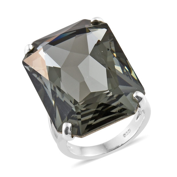 J Francis  - Rare Size Black Diamond Colour Crystal (Oct 27x18 mm) Ring in Platinum Overlay Sterling