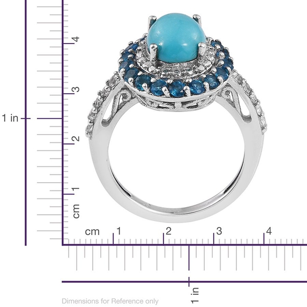 Sonoran Turquoise (Ovl 1.50 Ct), Malgache Neon Apatite and White Topaz Ring in Platinum Overlay Sterling Silver 2.250 Ct.