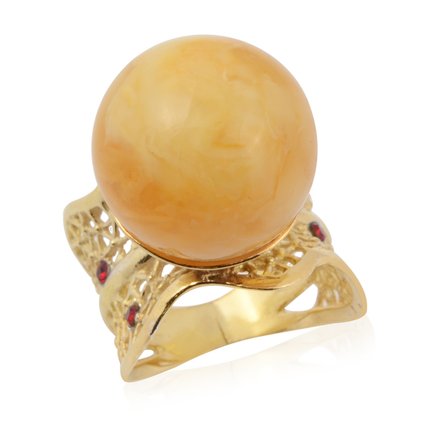 Butterscotch Baltic Amber (Rnd 16mm), Red Austrian Crystal Ring in 14K Gold Overlay Sterling Silver,