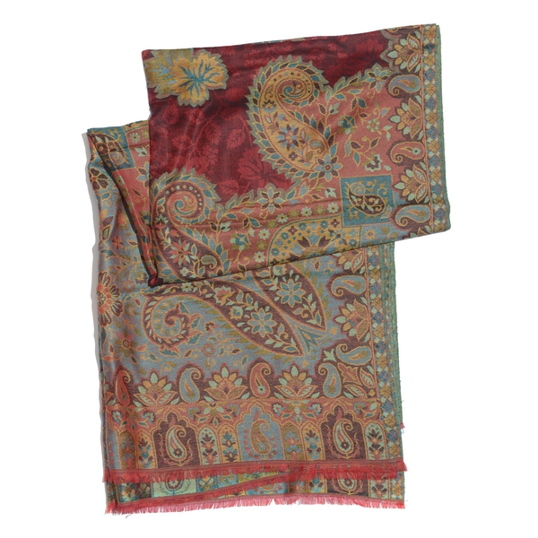 100% Superfine Modal Red and Multi Colour Floral and Paisley Pattern Jacquard Scarf (Size 190x70 Cm)