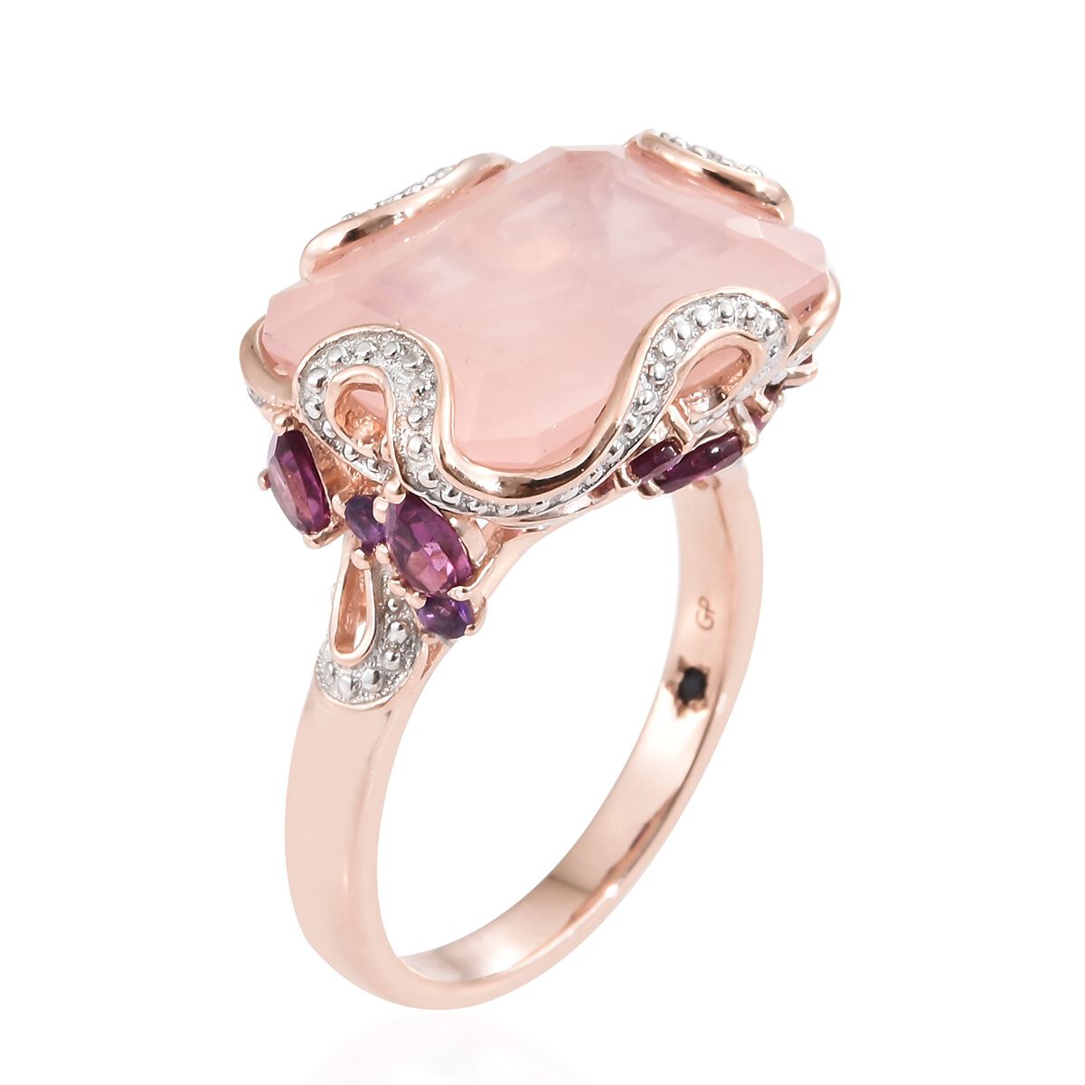 GP Rose Quartz (Oct), Rhodolite Garnet, Amethyst and Kanchanaburi Blue Sapphire Ring in Rose Gold Overlay Sterling Silver 16.500 Ct.