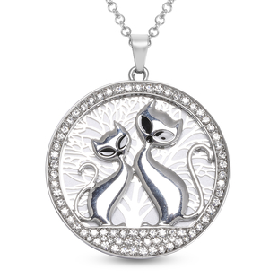 White Austrian Crystal Cat Pendant with Chain (Size 29 with 3 inch Extender) in Silver Tone