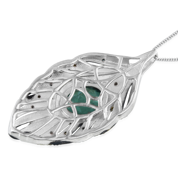 Peacock Quartz (Ovl 3.15 Ct), Green, Blue and White Diamond Feather Pendant With Chain in Platinum Overlay Sterling Silver 3.250 Ct.
