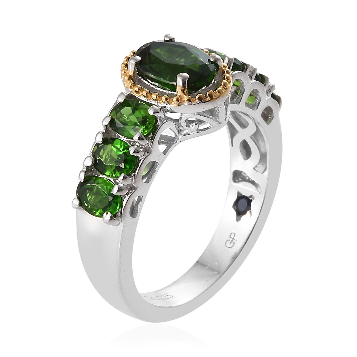 GP - Chrome Diopside & Blue Sapphire Ring in 18K Vermeil Yellow Gold Plated Sterling Silver 1.85 Ct.