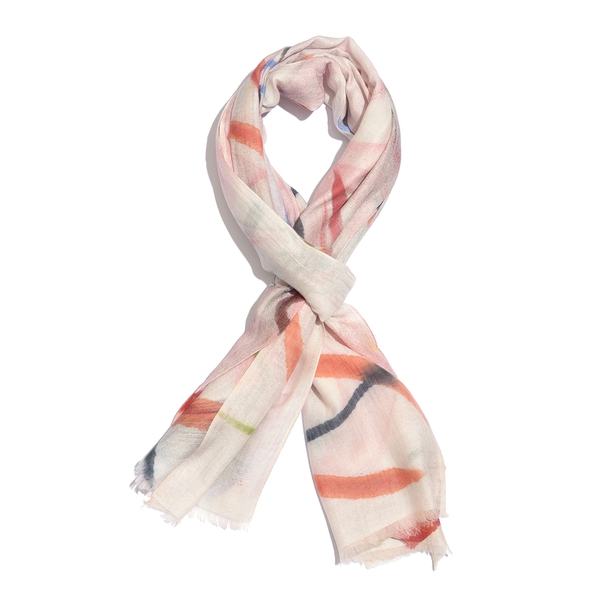 100% Merino Wool Pink, Cream and Multi Colour Printed Scarf (Size 180X65 Cm)