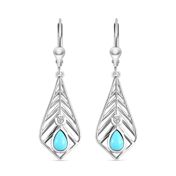 Arizona Sleeping Beauty Turquoise and Natural Cambodian Zircon Dangling Earrings ( With Lever Back) 