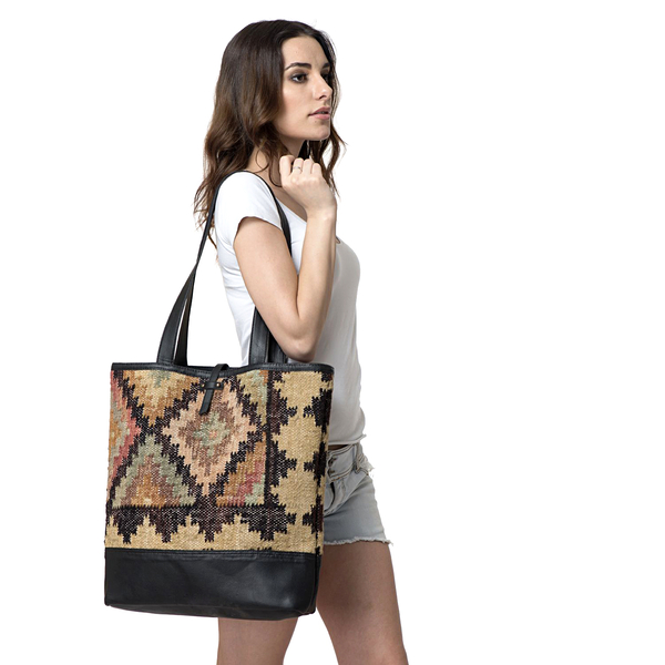 Black Colour Tote Bag Made with Kilim Rugs with an Internal Mobile Pocket (Size 45x42 Cm)