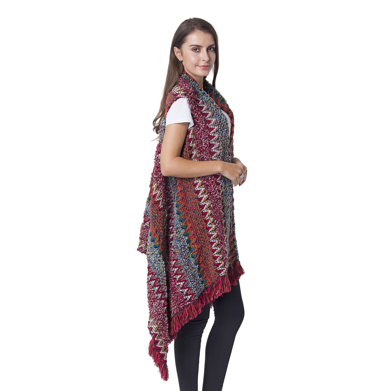 Italian Designer Inspired-Red and Multi Colour Chevron Pattern Kimono with Tassels (Size 75x50 Cm)
