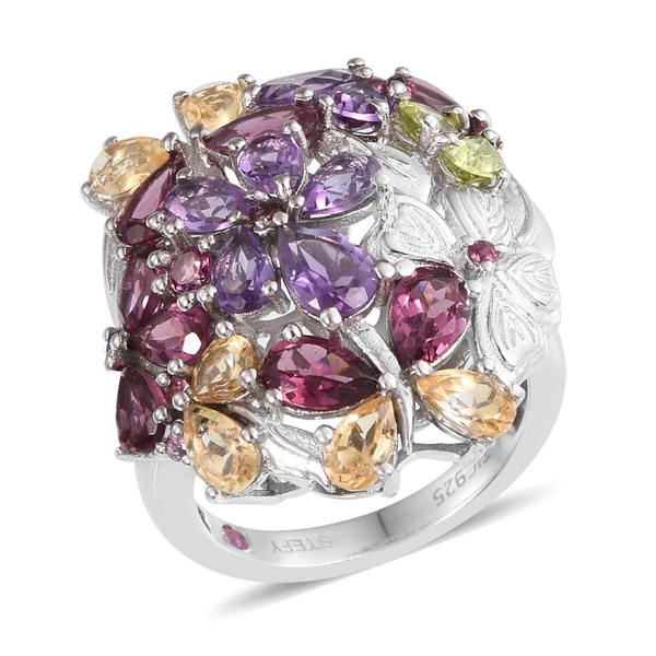 Stefy Rhodolite Garnet (Pear), Amethyst, Hebei Peridot, Citrine and Pink Sapphire Floral Ring in Pla