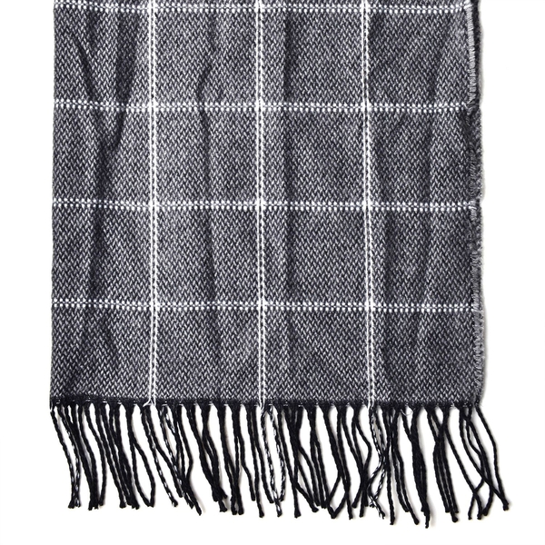 Close Out Deal - Italian Designer Black and Grey Colour Checks Pattern Scarf with Tassels (Size 190X87 Cm)