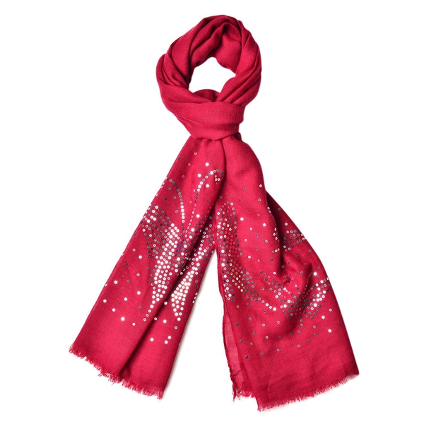 Silver Sequins Embellished Burgundy Colour Butterfly Pattern Scarf with Fringes (Size 180X70 Cm)