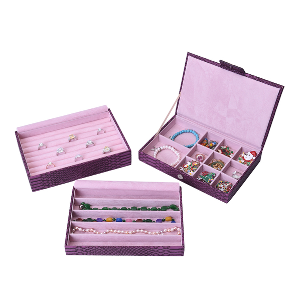 Three-Layer Jewellery Box with Light Pink Velvet Dust Cover on the Second and Third Layer (Size 24.5x17x12cm) - Purple