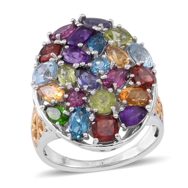 6 Carat Sky Blue Topaz and Multi Gemstone Cluster Ring in Rhodium Plated  Silver 5.70 Grams