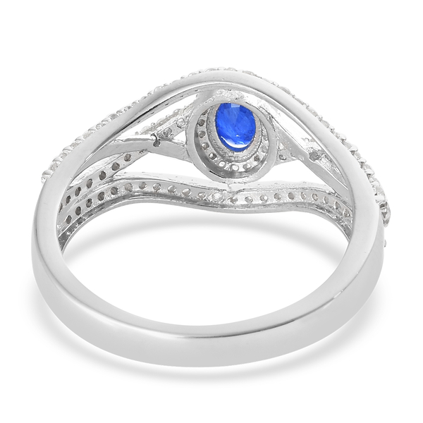 Blue Spinel (Ovl), Natural Cambodian Zircon Ring in Platinum Overlay Sterling Silver 1.355 Ct.