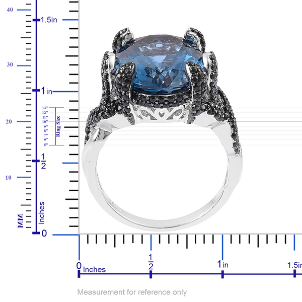 Designer Inspired- London Blue Topaz (Ovl 11.25 Ct), Boi Ploi Black Spinel Cocktail Ring in Rhodium Plated Sterling Silver 12.580 Ct. Number of Gemstone 205