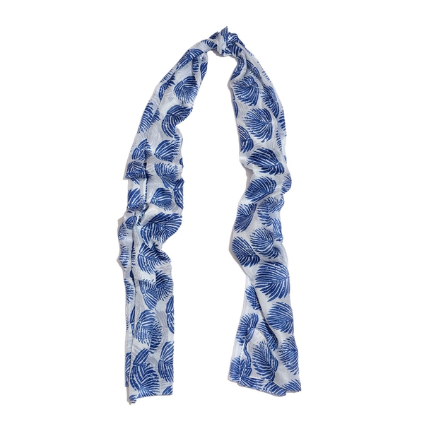 100% Mulberry Silk White and Blue Colour Leaves Pattern Scarf (Size 180x50 Cm)