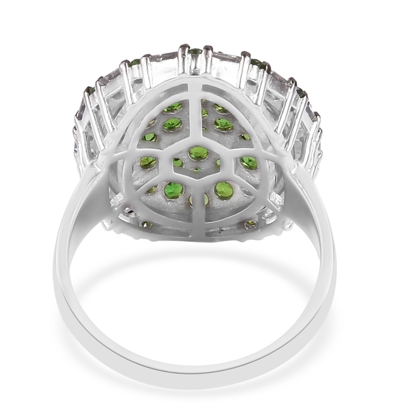 Designer Inspired- Chrome Diopside and Natural White Cambodian Zircon Cluster Ring in Black Rhodium Plated Sterling Silver 4.00 Ct. Silver wt 6.04 Gms.