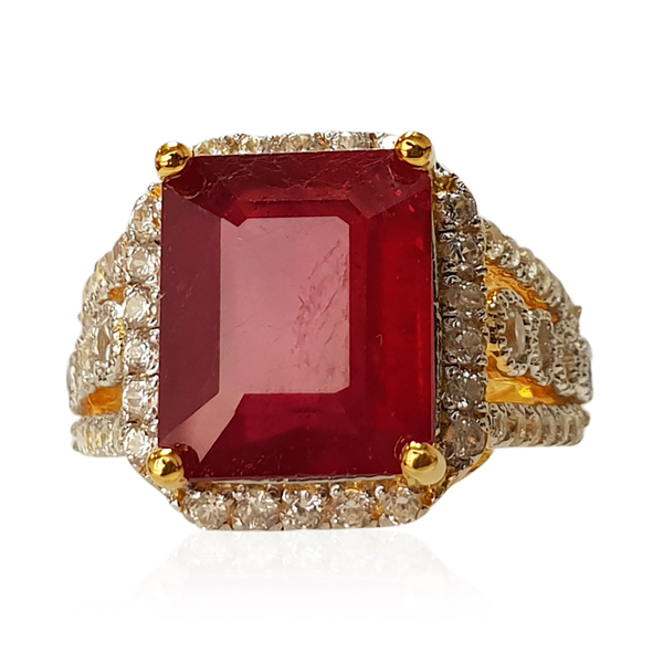 10.91 Ct African Ruby and Cambodian Zircon Halo Ring in Rhodium and Gold Plated Silver 5.50 Grams