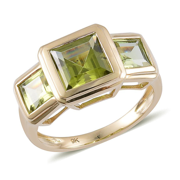 9K Y Gold AAA Hebei Peridot (Sqr 1.75 Ct) 3 Stone Ring 3.250 Ct.