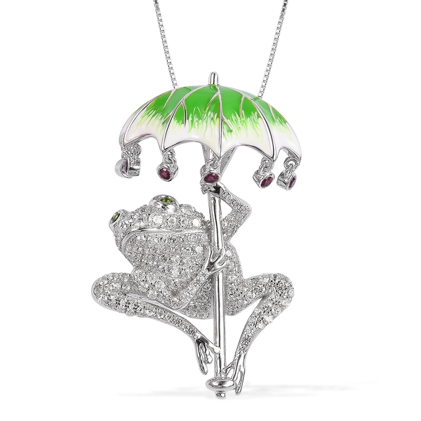 Designer Inspired - Chrome Diopside, Rhodolite Garnet and Cambodian Zircon Frog Under Enameled Leaf 