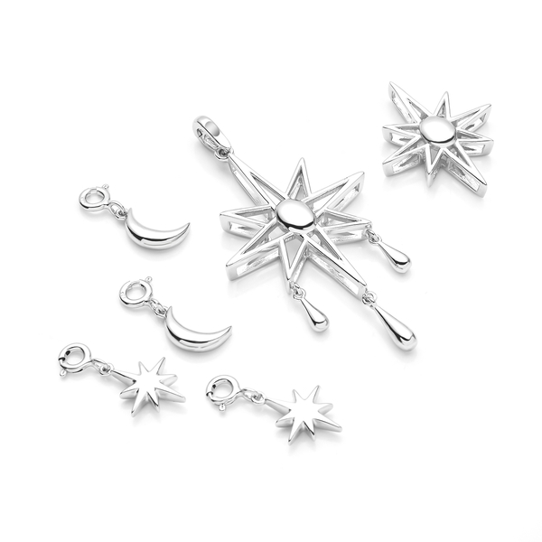 Monster Deal - LUCYQ Constellation Collection- 7 in 1 Wear Rhodium Overlay Sterling Silver Moon & Star Necklace (Size 24) and Detachable Pendant With Chain (Size 15,16,17), Silver Wt. 20.30 Gms