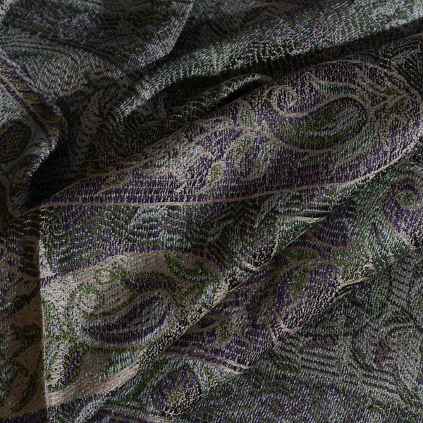 SILK MARK - 100% Superfine Silk Green and Multi Colour Paisley and Floral Pattern Jacquard Jamawar Scarf with Tassels (Size 160X35 Cm)