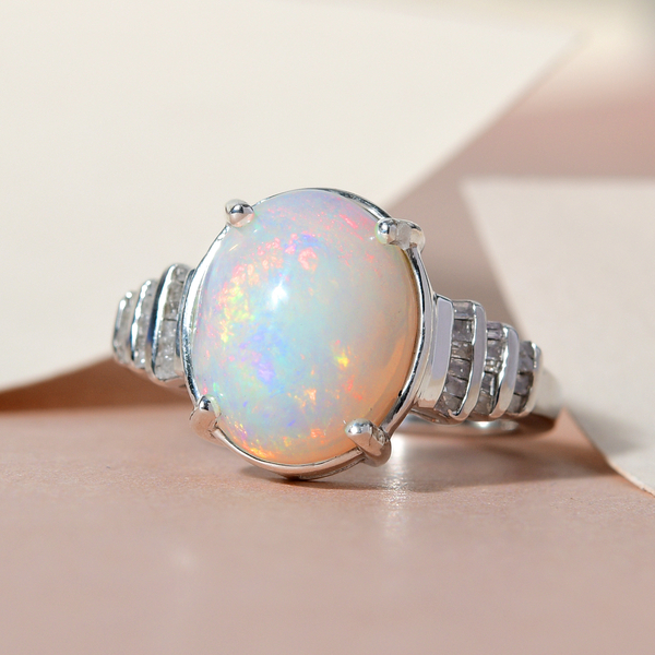 Ethiopian Welo Opal and Diamond Ring in Platinum Overlay Sterling Silver 2.80 Ct.
