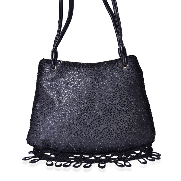 Crochet Lace and Dangling Charms Embellished Black Colour Scroll Vine Pattern Water Resistant Tote Bag (Size 32X23 Cm)