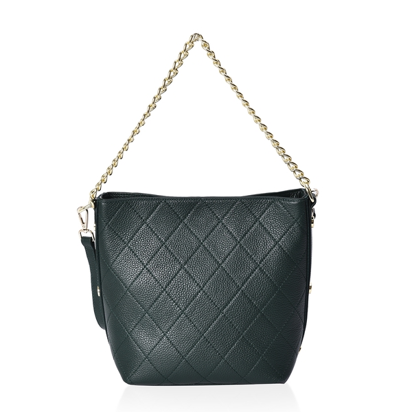 100% Genuine Leather Checker Quilted Pattern Shoulder Bag (Size 25x20x13x24 Cm) with Detachable Leather Strap - Olive Green