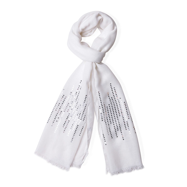Silver Sequins Embellished White Colour Scarf with Fringes (Size 180X70 Cm)