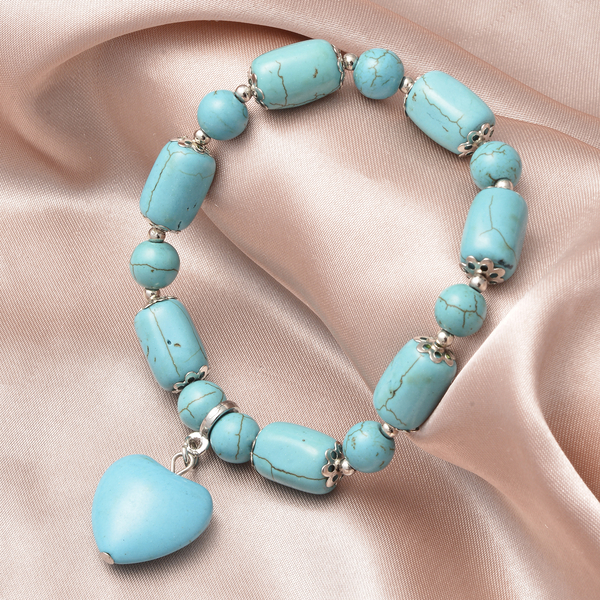 Blue Howlite Heart Charm Beads Bracelet (Size - 7 Stretchable) 122.00 Ct.