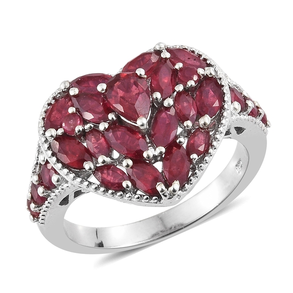 African Ruby Heart Ring in Platinum Overlay Sterling Silver 4.000 Ct. Silver wt 6.06 Gms.