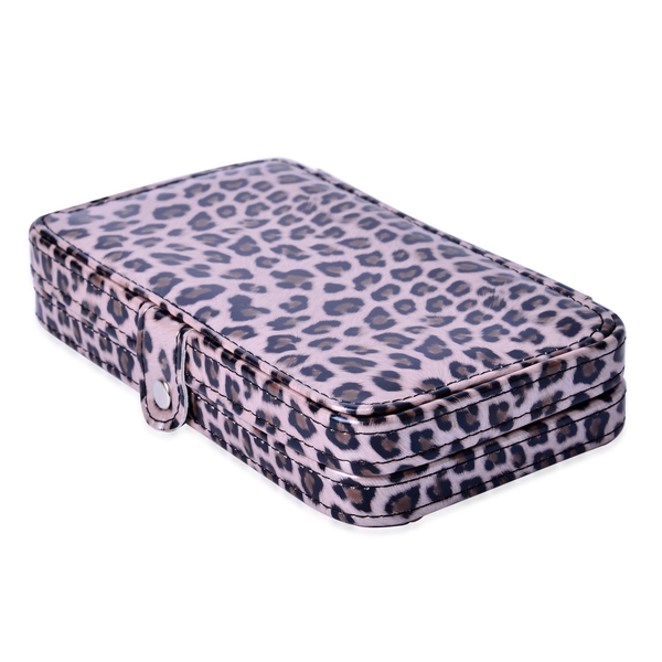 Chocolate and White Colour Leopard Pattern Manicure Kit and Makeup Brushes (18 Pcs) with Mirror