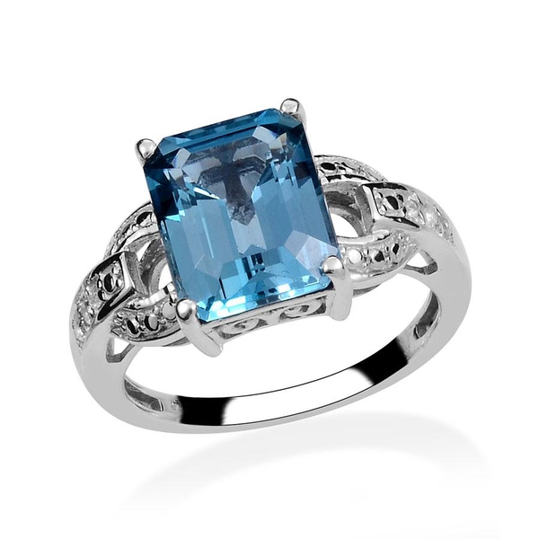 London Blue Topaz (Oct 4.75 Ct), White Topaz Ring in Platinum Overlay Sterling Silver 4.850 Ct.