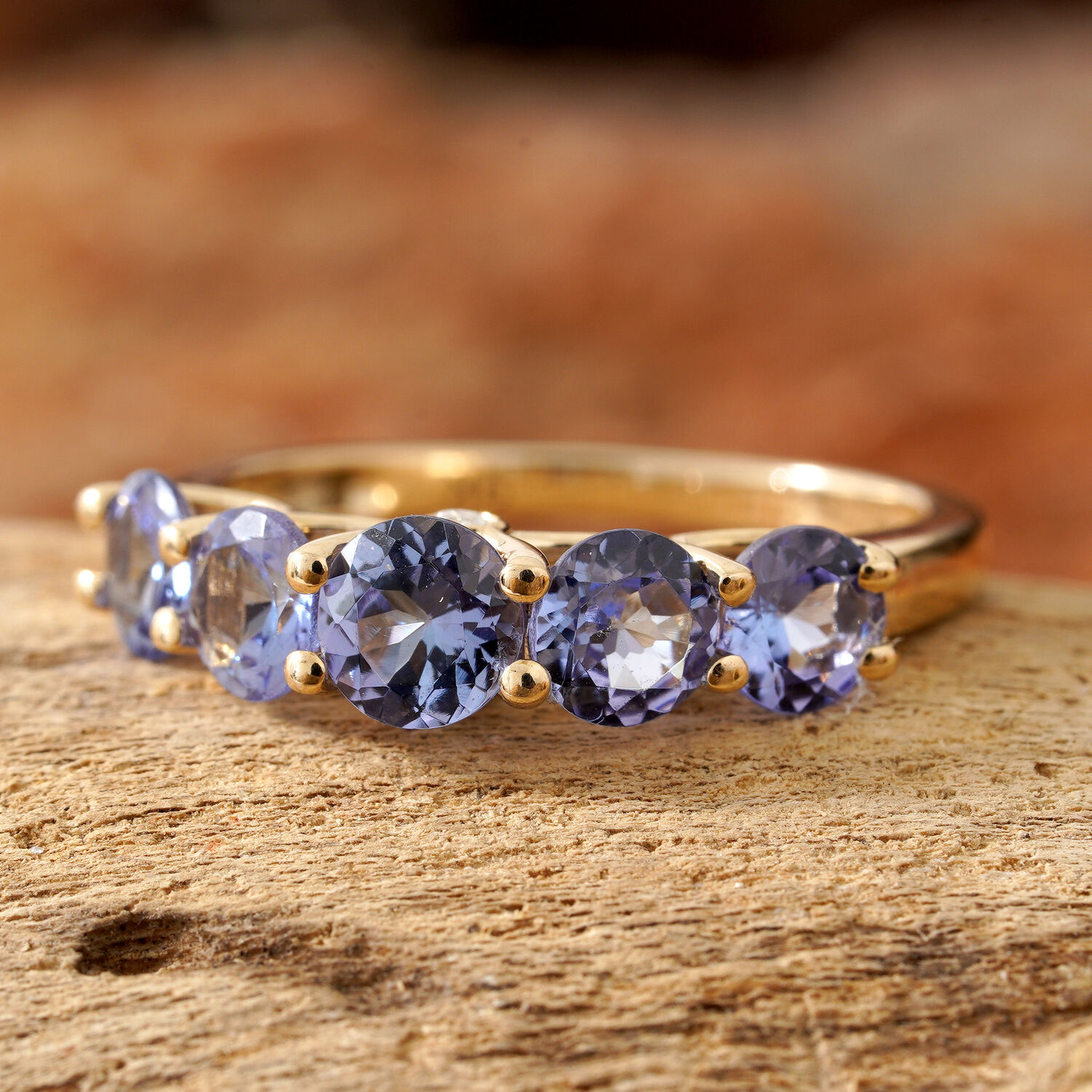 9K Yellow Gold AA Tanzanite (Rnd), Diamond Five Stone Ring 2.00 Ct.