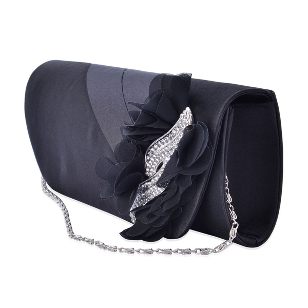 Black Colour Satin Clutch with White Austrian Crystal and Removable Chain Strap (Size 24x9 Cm)