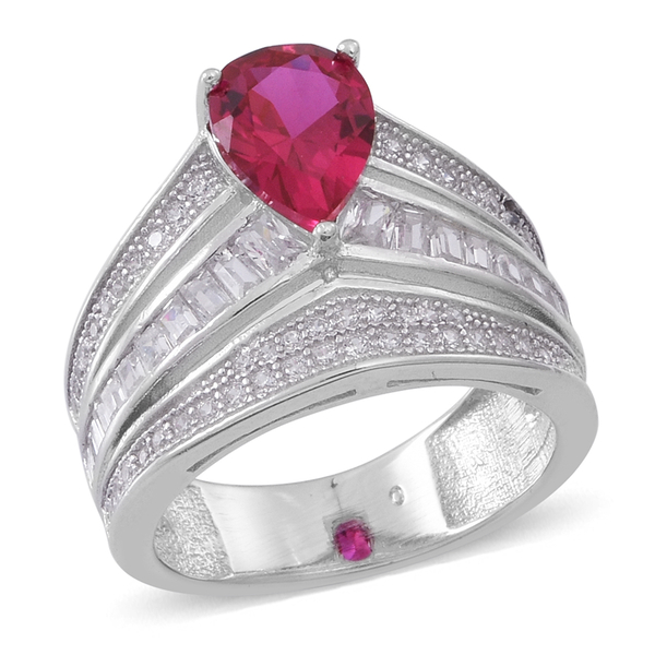 ELANZA AAA Simulated Pink Sapphire (Pear), Simulated White Diamond Ring in Rhodium Plated Sterling S