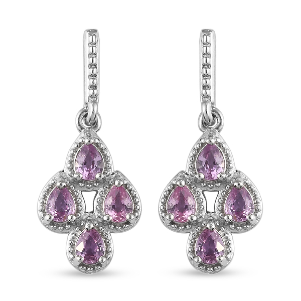 Pink Sapphire Dangling Earrings (with Push Back) in Platinum Overlay Sterling Silver 1.36 Ct.