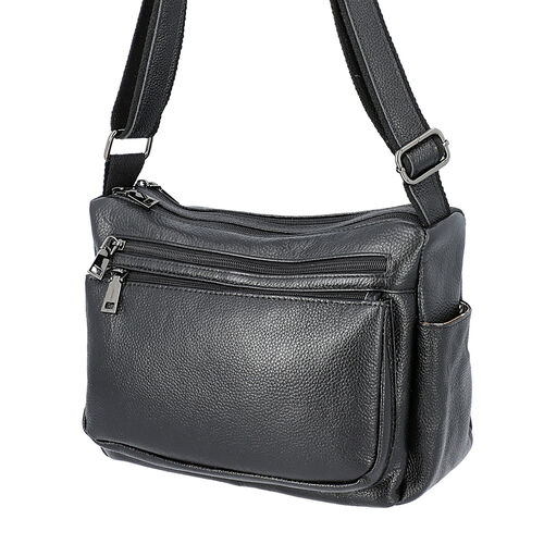 100 Genuine Leather Multiple Pocket Black Crossbody Bag With Zipper