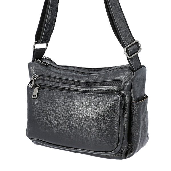 100% Genuine Leather Multiple Pocket Black Crossbody Bag with Zipper ...