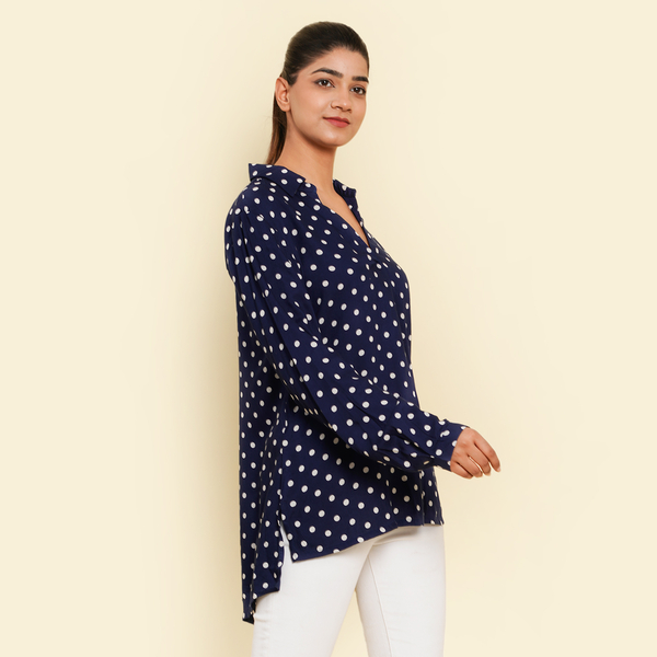 TAMSY 100% Viscose Polka Dot Pattern Long Sleeve Shirt (Size M, 12-14) - Blue & White