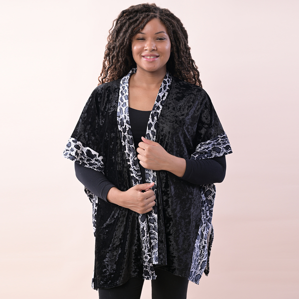TAMSY Velvet Kimono with Leopard Print Border - Black and Grey