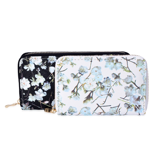 Set of 2 - White Floral Pattern Black Colour and Cream Floral Pattern White Colour Wallet (Size 20x10 Cm, 15x10 Cm)