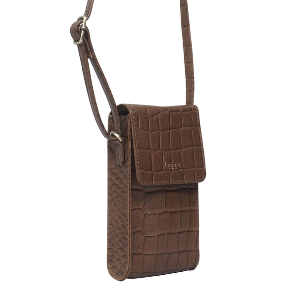 ASSOTS LONDON Tracy 100% Genuine Leather Croc Pattern Mobile Crossbody Bag with Shoulder Strap (Size 20x10x4 Cm) - Tan