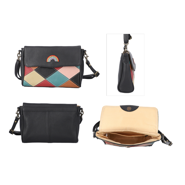 100% Genuine Leather Crossbody Bag with Flap (Size 23x5x18cm) - Black and Multi Colour