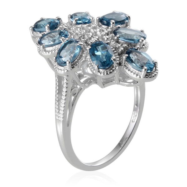 Electric Swiss Blue Topaz (Ovl), White Topaz Ring in Platinum Overlay Sterling Silver 3.650 Ct.
