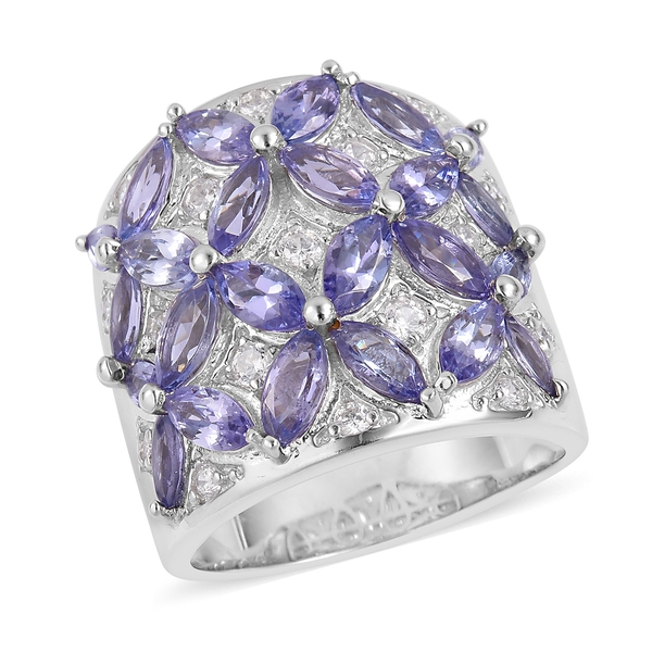 5.54 Ct Tanzanite and Zircon Floral Ring in Rhodium Plated Sterling Silver 12.82 Grams
