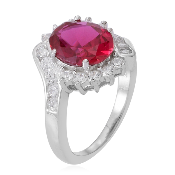 ELANZA AAA Simulated Rubelite (Ovl), Simulated White Diamond Ring in Rhodium Plated Sterling Silver