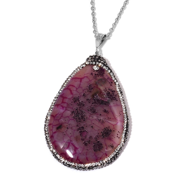 Dyed Fuchsia Agate, Black and White Austrian Crystal Pendant With Chain (Size 36) in Silver Tone Wit