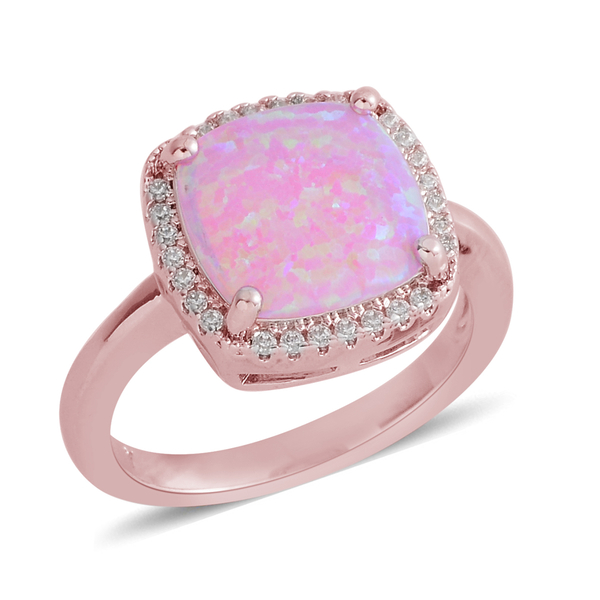 Simulated Pink Opal (Sqr), Simulated Diamond Ring in Rose Gold Bond